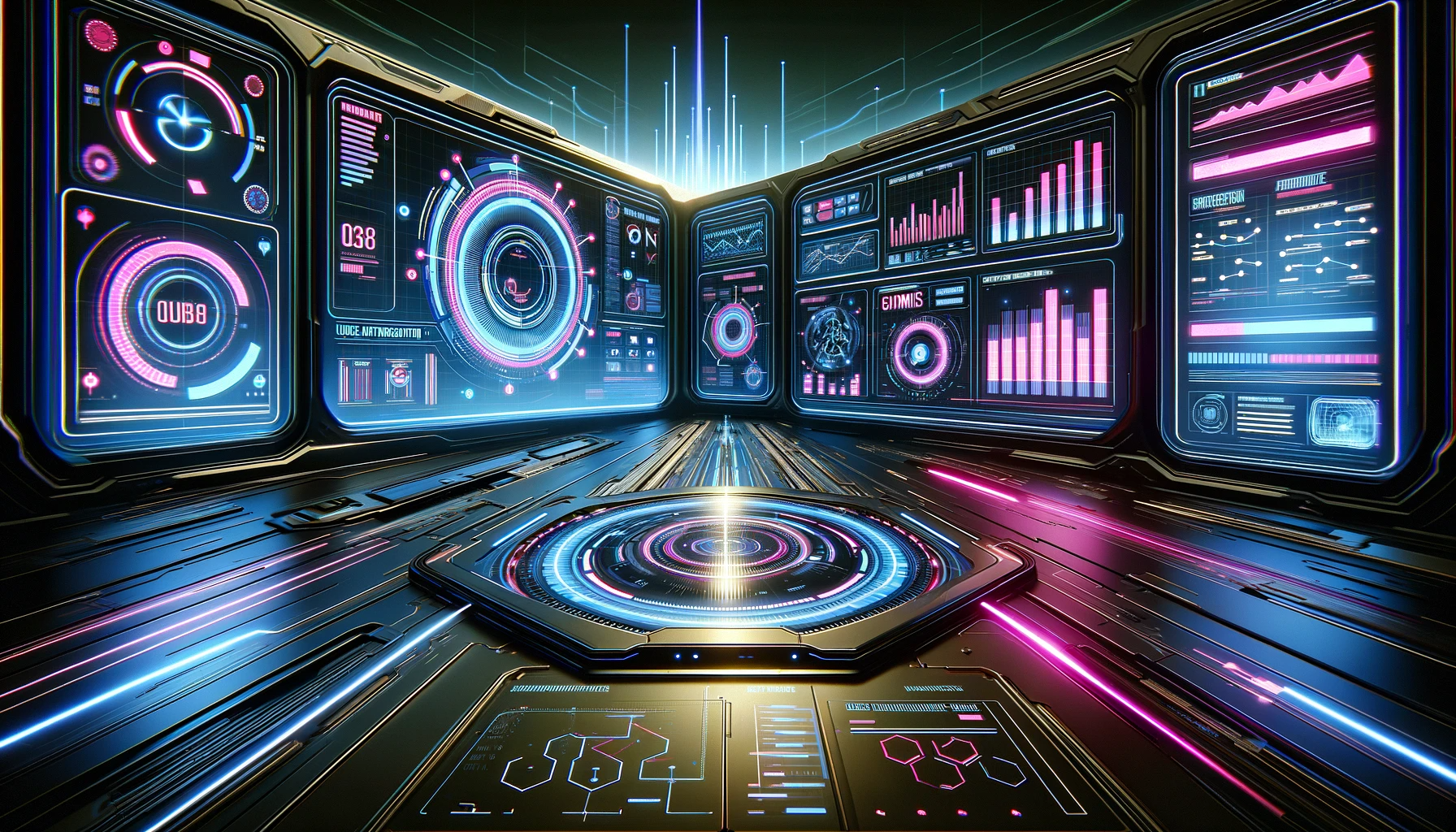 DALL·E 2023 12 18 15.31.31 Wide angle futuristic digital artwork of a CRM software interface designed specifically for gaming featuring a sleek neon lit cyberpunk inspired d