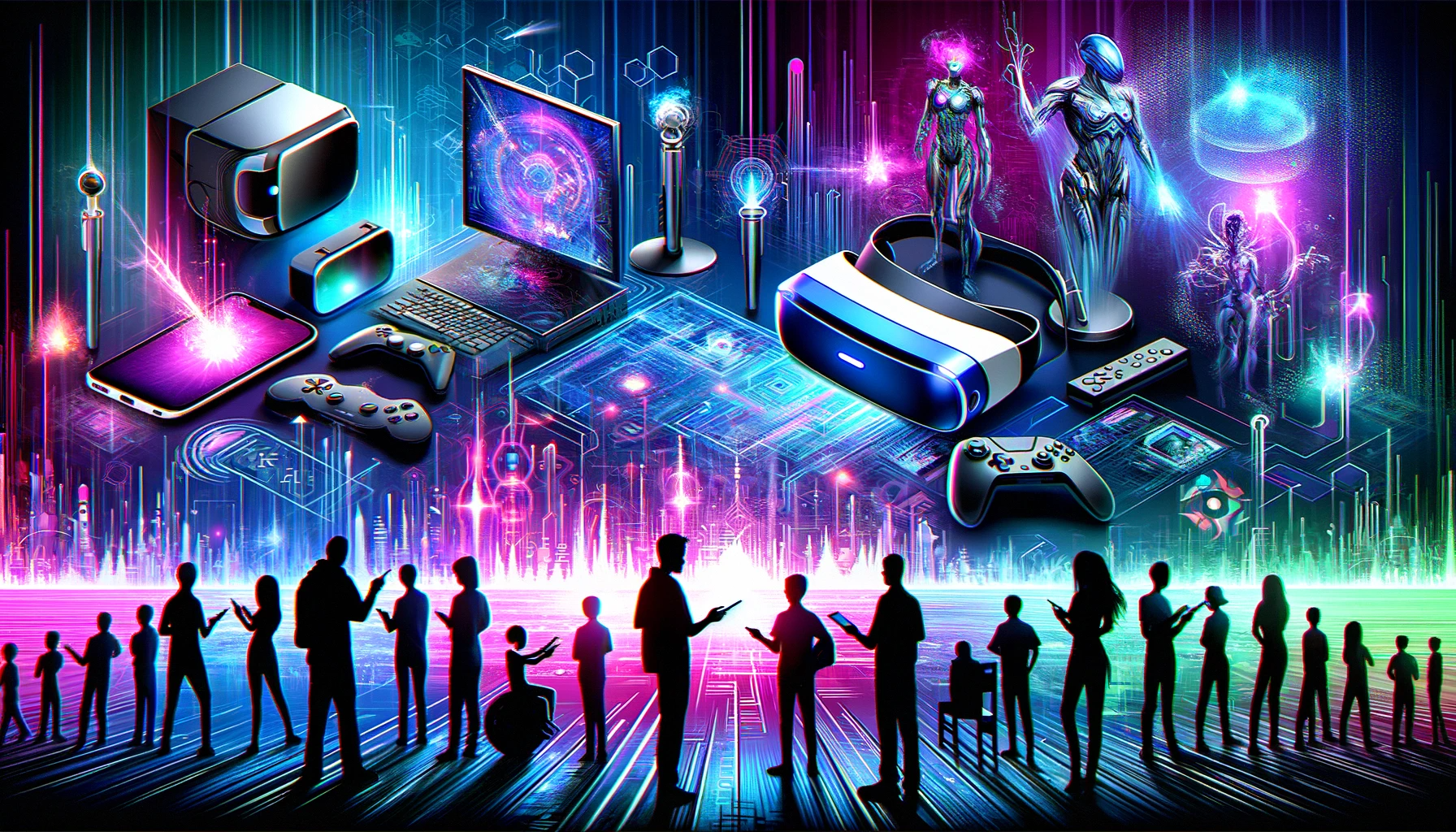 DALL·E 2023 12 22 16.32.48 A futuristic vibrant banner image for a blog post about Gaming Industry Trends 2024. The image features a diverse array of digital devices like VR he