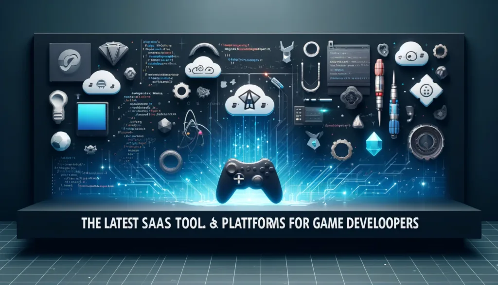 DALL·E 2024 04 16 13.34.53 A sleek modern blog banner featuring the theme Latest SaaS Tools and Platforms for Game Developers. The banner includes digital imagery of cloud co