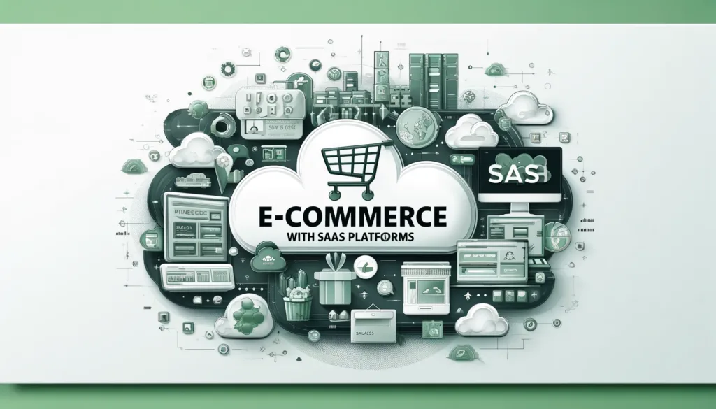 DALL·E 2024 04 16 17.38.52 An eye catching blog banner for E Commerce with SaaS Platforms. The banner features imagery associated with online shopping such as a digital shopp